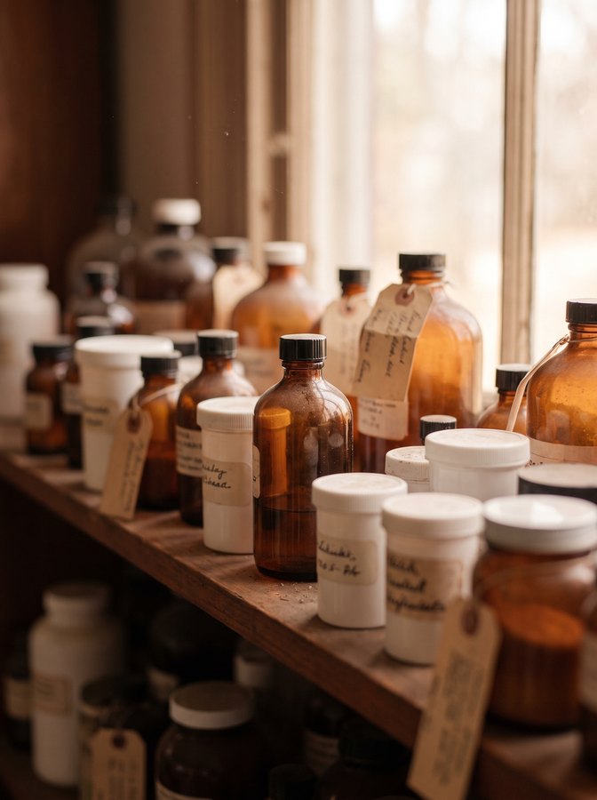 A shelf of mismatched supplement bottles