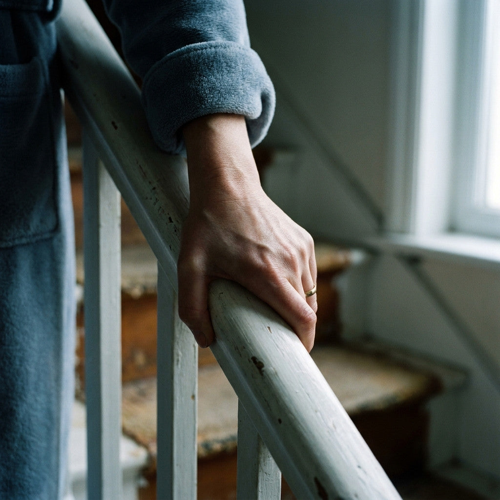 A hand steadying on the stair rail first thing in the morning